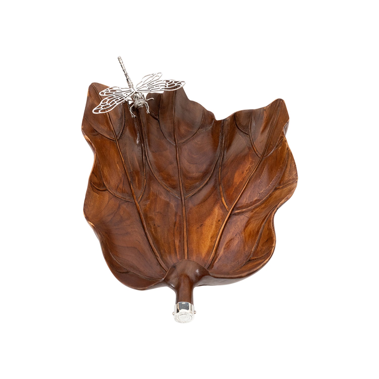 Carved Leaf Teak Bowl with Silver Dragonfly