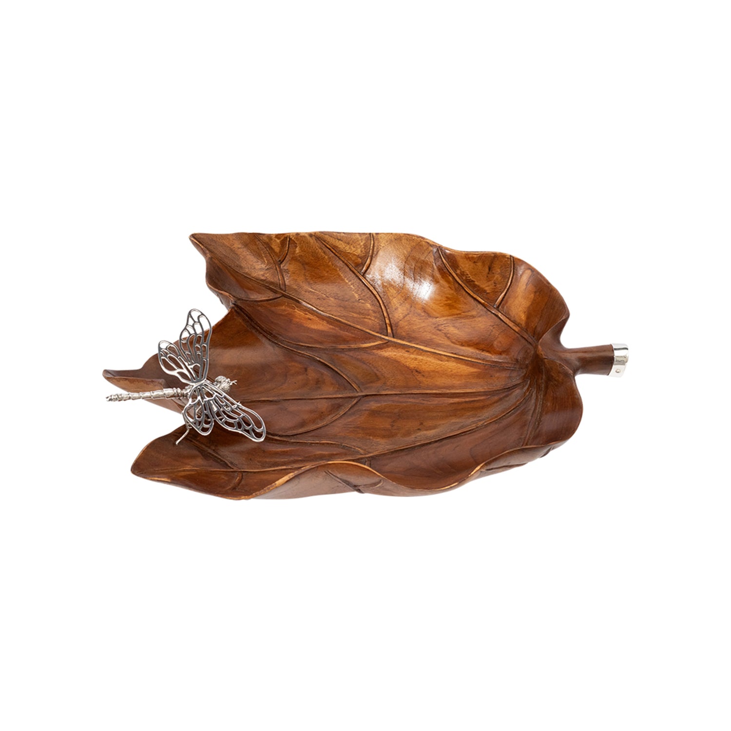 Carved Leaf Teak Bowl with Silver Dragonfly