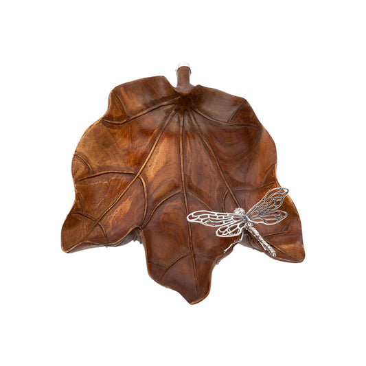 Carved Leaf Teak Bowl with Silver Dragonfly