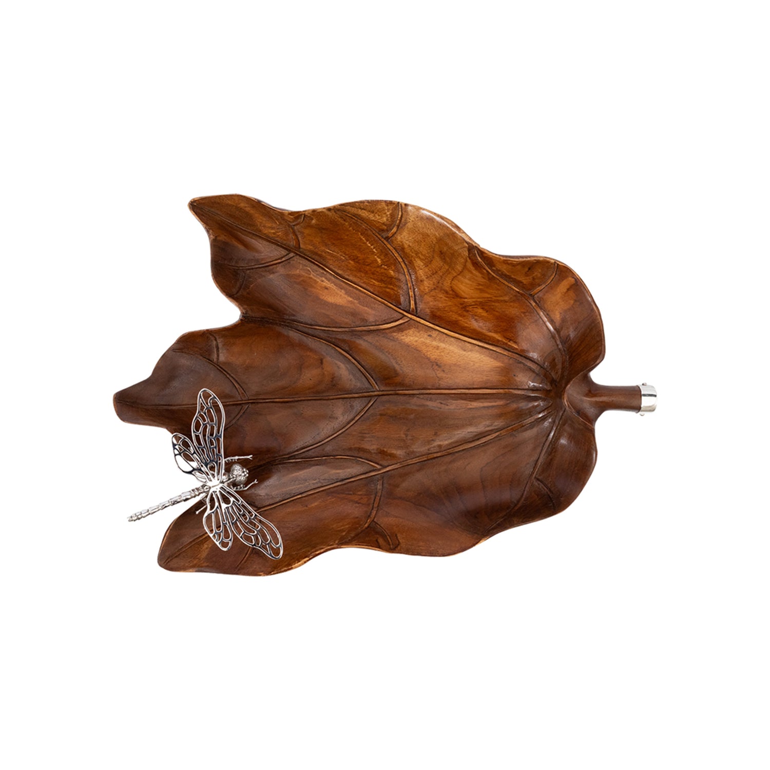 Carved Leaf Teak Bowl with Silver Dragonfly