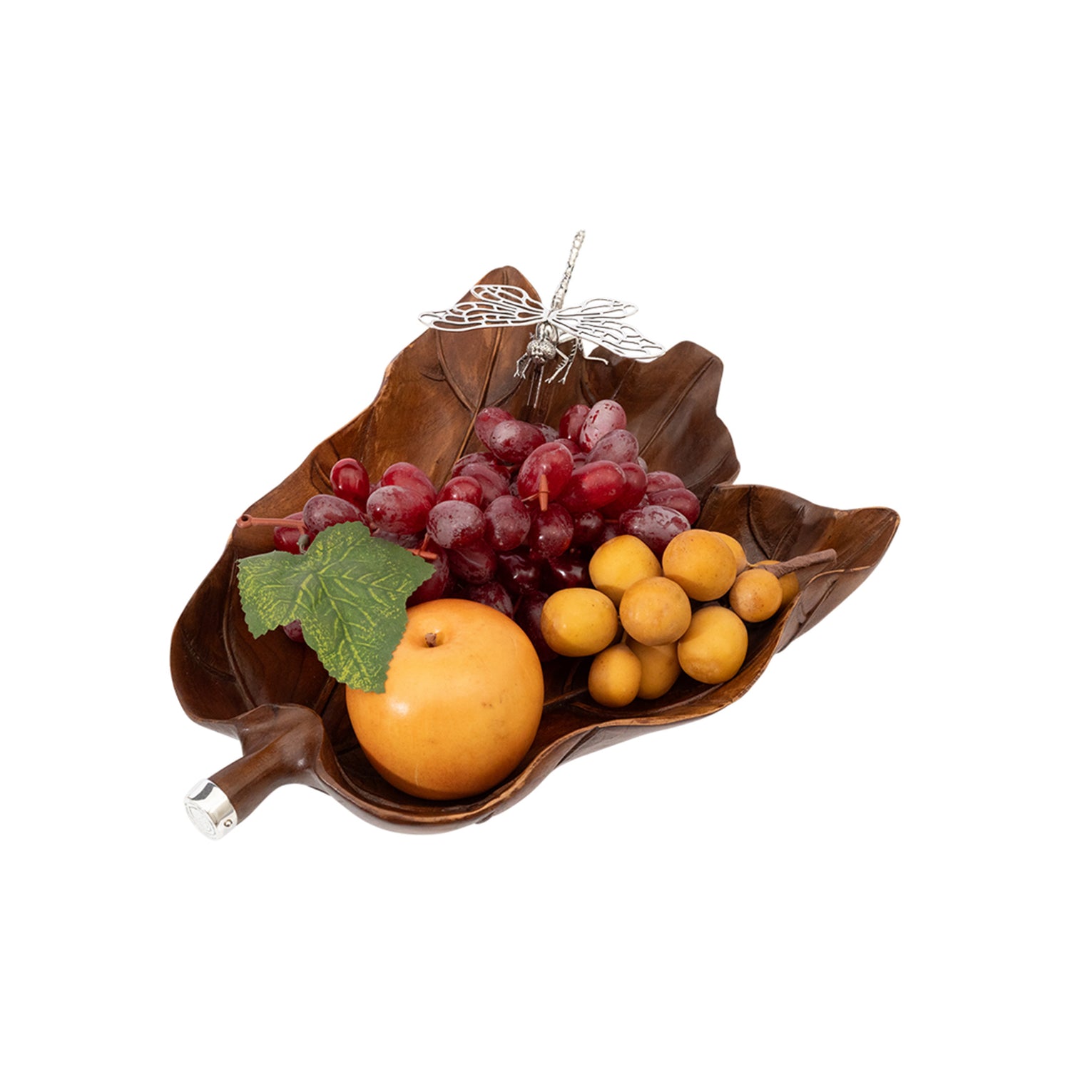 Carved Leaf Teak Bowl with Silver Dragonfly