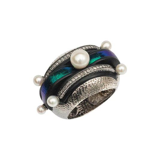 Art Deco Scarab Band Ring with Diamonds and Pearls