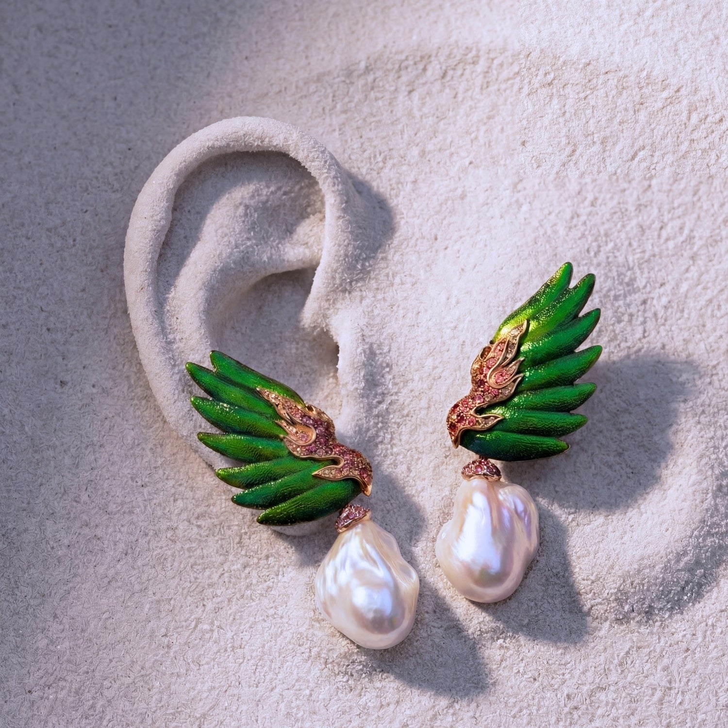 Scarab “Angel Wing” Earrings with Diamonds, Pink Tourmaline, and Pearls