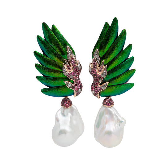 Scarab Earrings with Pearl & Pink Tourmaline