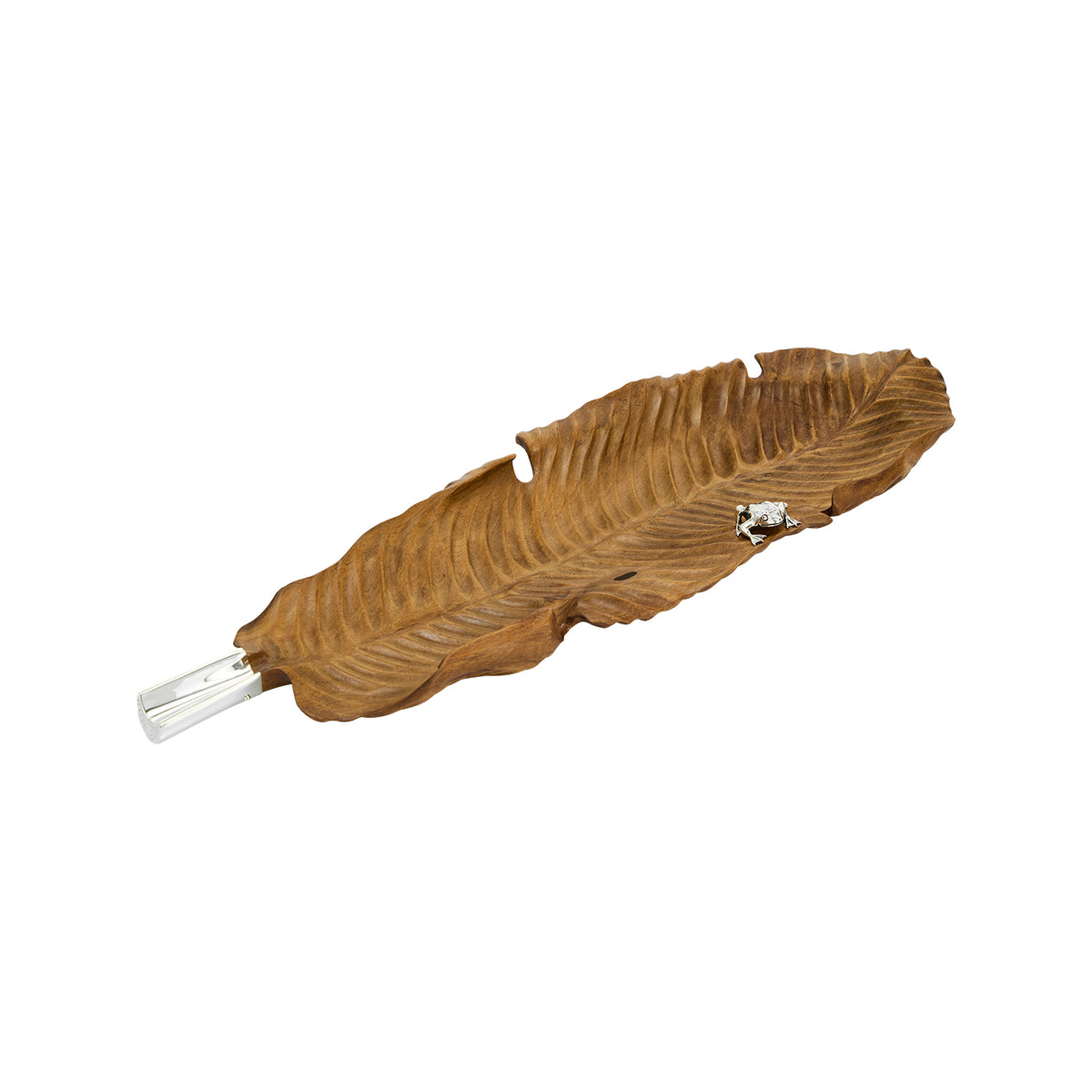 Carved Banana Leaf Teak Bowl with Silver Frog
