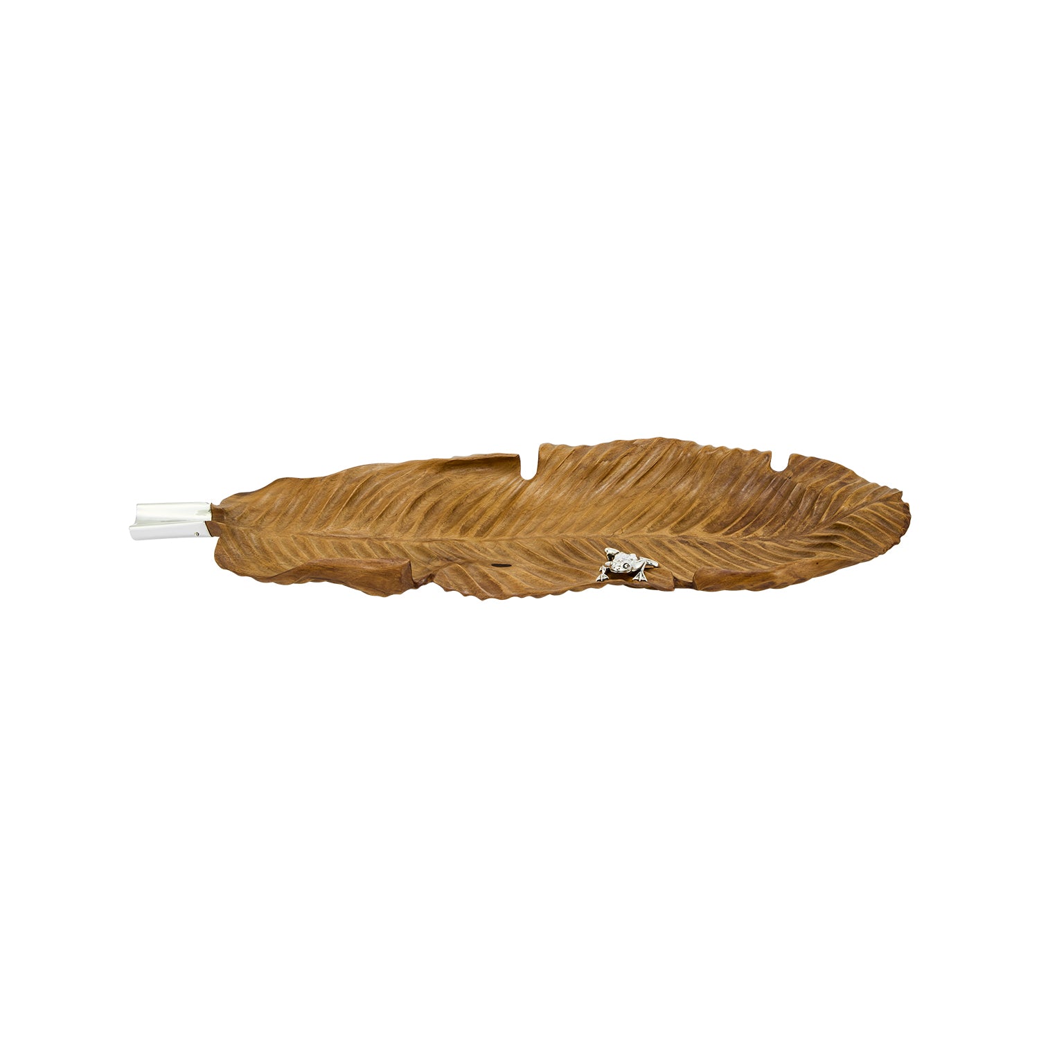 Carved Banana Leaf Teak Bowl with Silver Frog