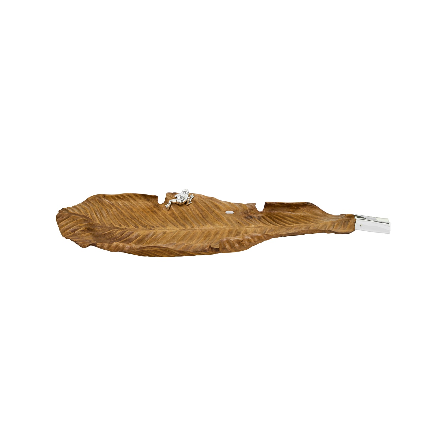 Carved Banana Leaf Teak Bowl with Silver Frog