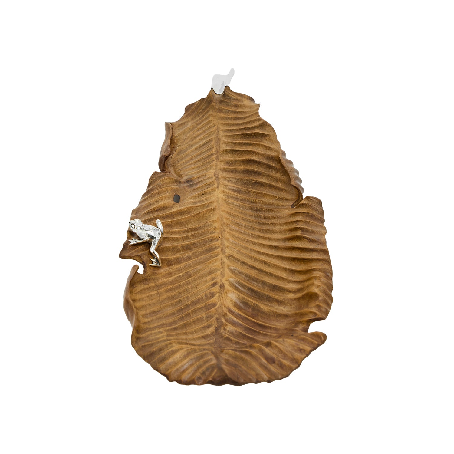 Carved Banana Leaf Teak Bowl with Silver Frog