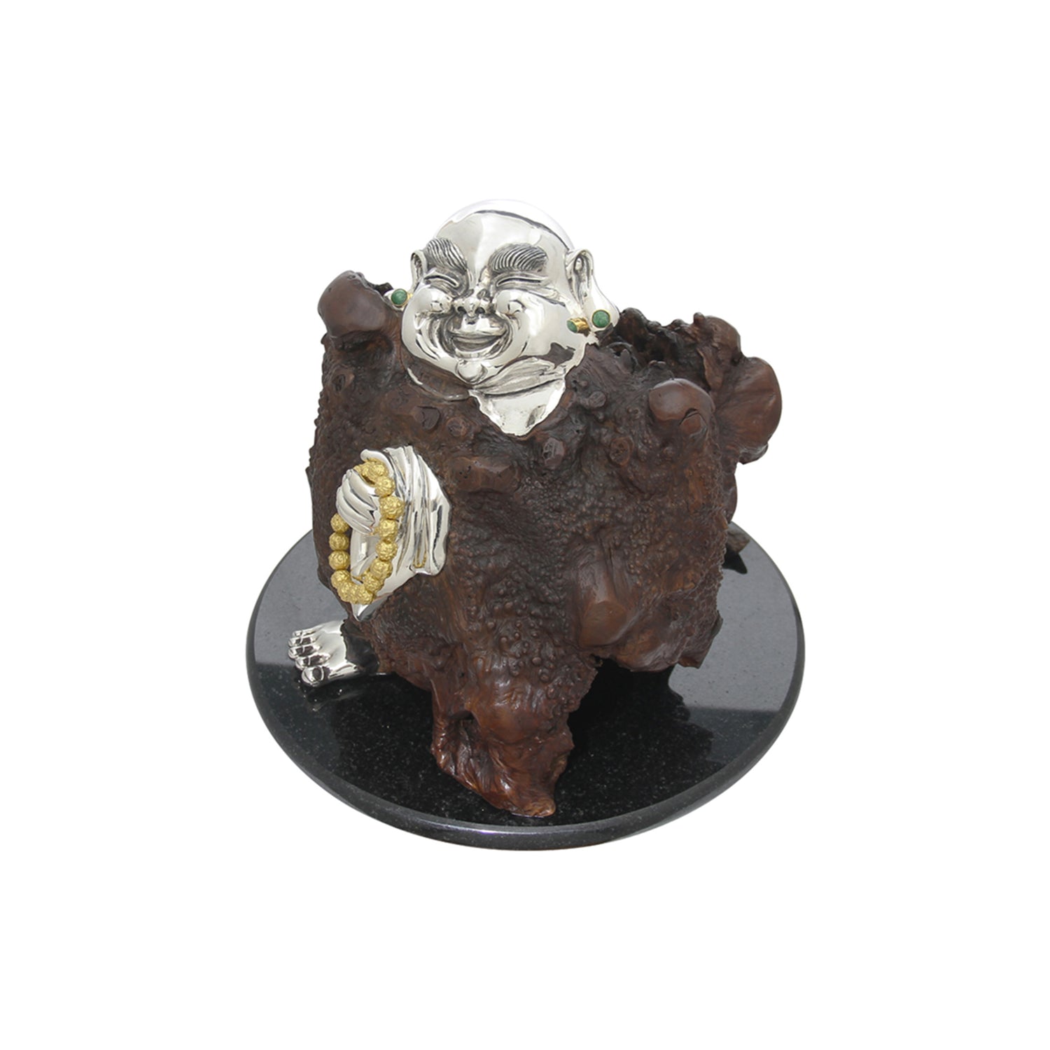 Burl Wood Happy Monk Sculpture with Prayer Beads