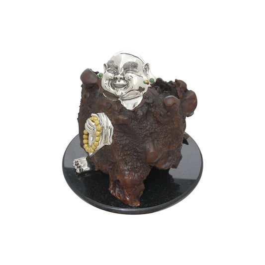 Burl Wood Happy Monk Sculpture with Prayer Beads