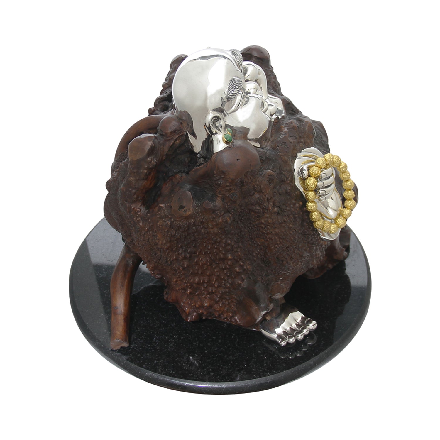 Burl Wood Happy Monk Sculpture with Prayer Beads