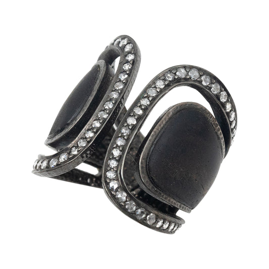 Art Deco Black Wood Ring Decorated with Diamonds
