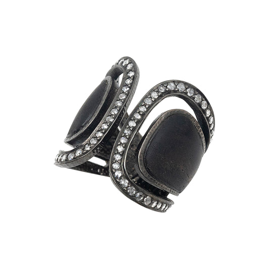 Art Deco Black Wood Ring Decorated with Diamonds