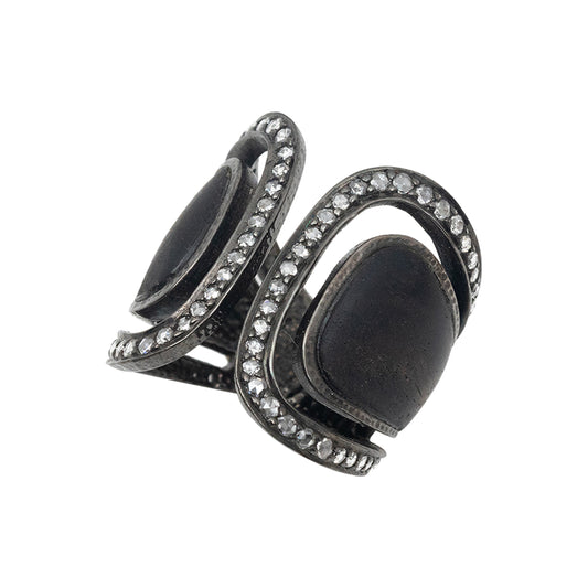 Art Deco Black Wood Ring Decorated with Diamonds