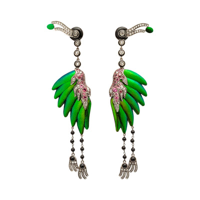 Scarab-Winged Flamingo Earrings with Diamond and Tourmaline