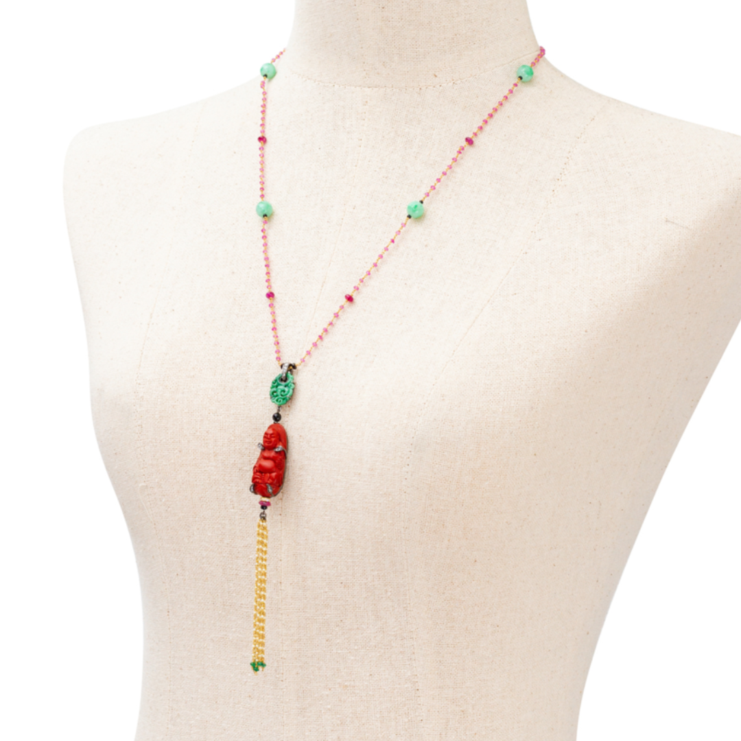 Red Lacquer Happy Monk Necklace with Jade & Ruby