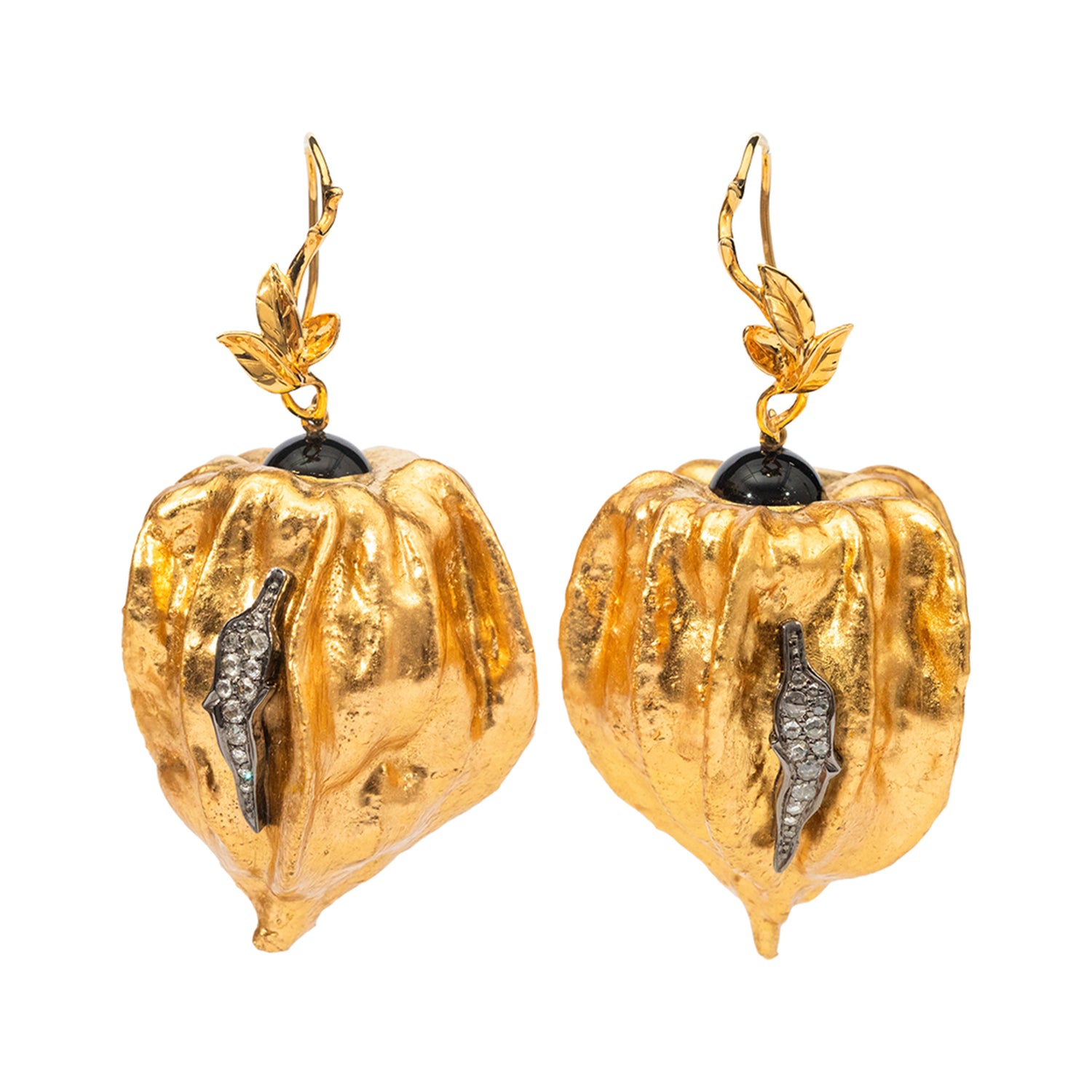 Cape Gooseberry Earrings with Diamonds & Black Agate