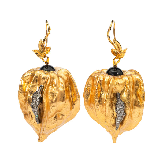 Cape Gooseberry Earrings with Diamonds & Black Agate