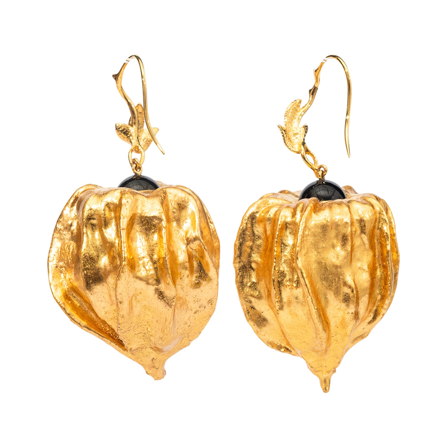 Cape Gooseberry Earrings with Diamonds & Black Agate
