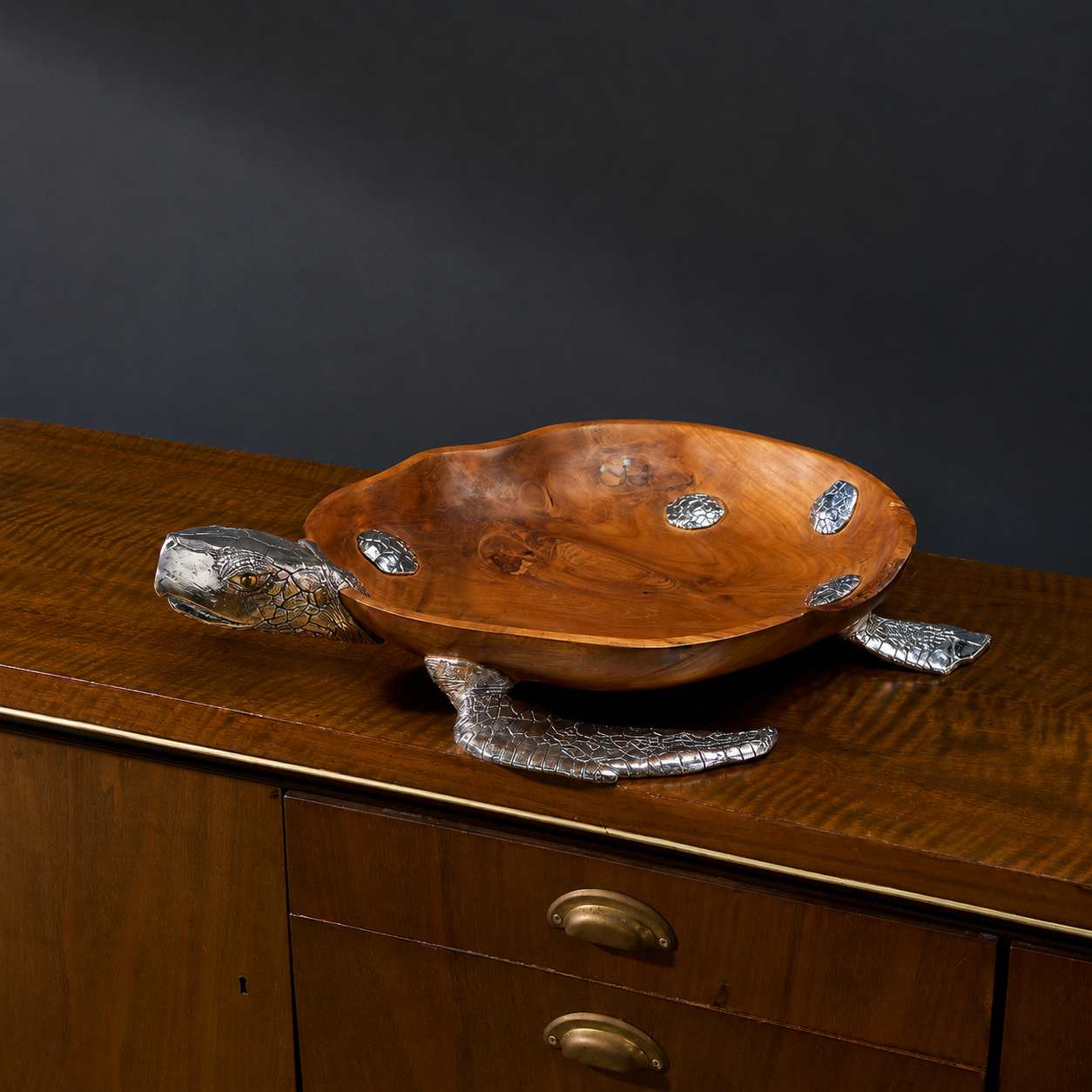 Sterling Silver Sea Turtle Teak Wood Bowl