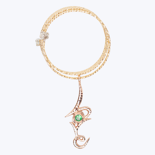 18K Yellow Gold Stretchable Ring with Diamonds and “Love” Pendant with Tsavorite in 9K Pink Gold