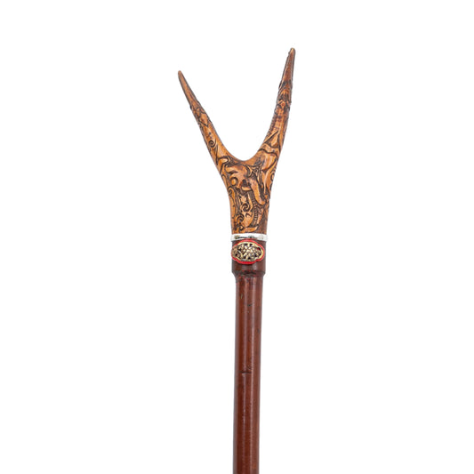 Double Horned Carved Mahogany Walking Stick