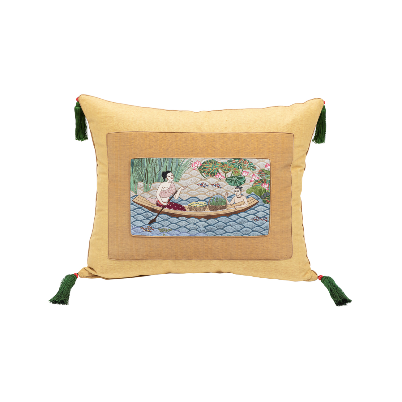 Gold Cushion with Rowboat Embroidery, Red Lacquer Bead and Tassels