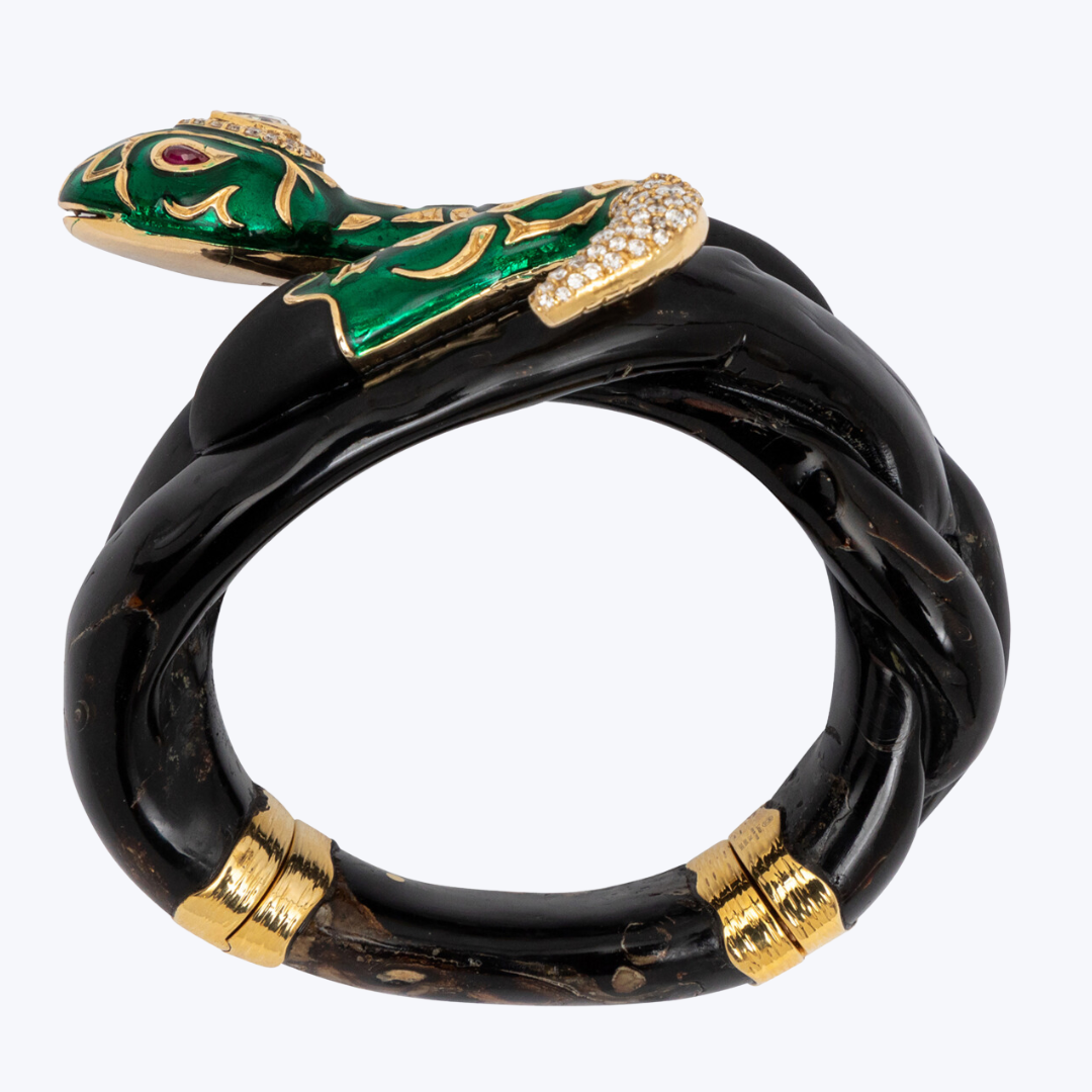 The Green Serpent Bangle with Diamond & Ruby Eyes