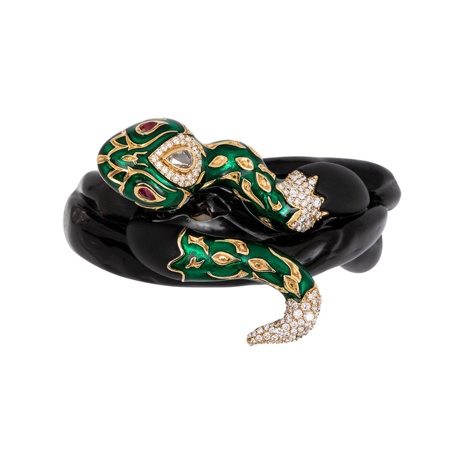 The Green Serpent Bangle with Diamond & Ruby Eyes