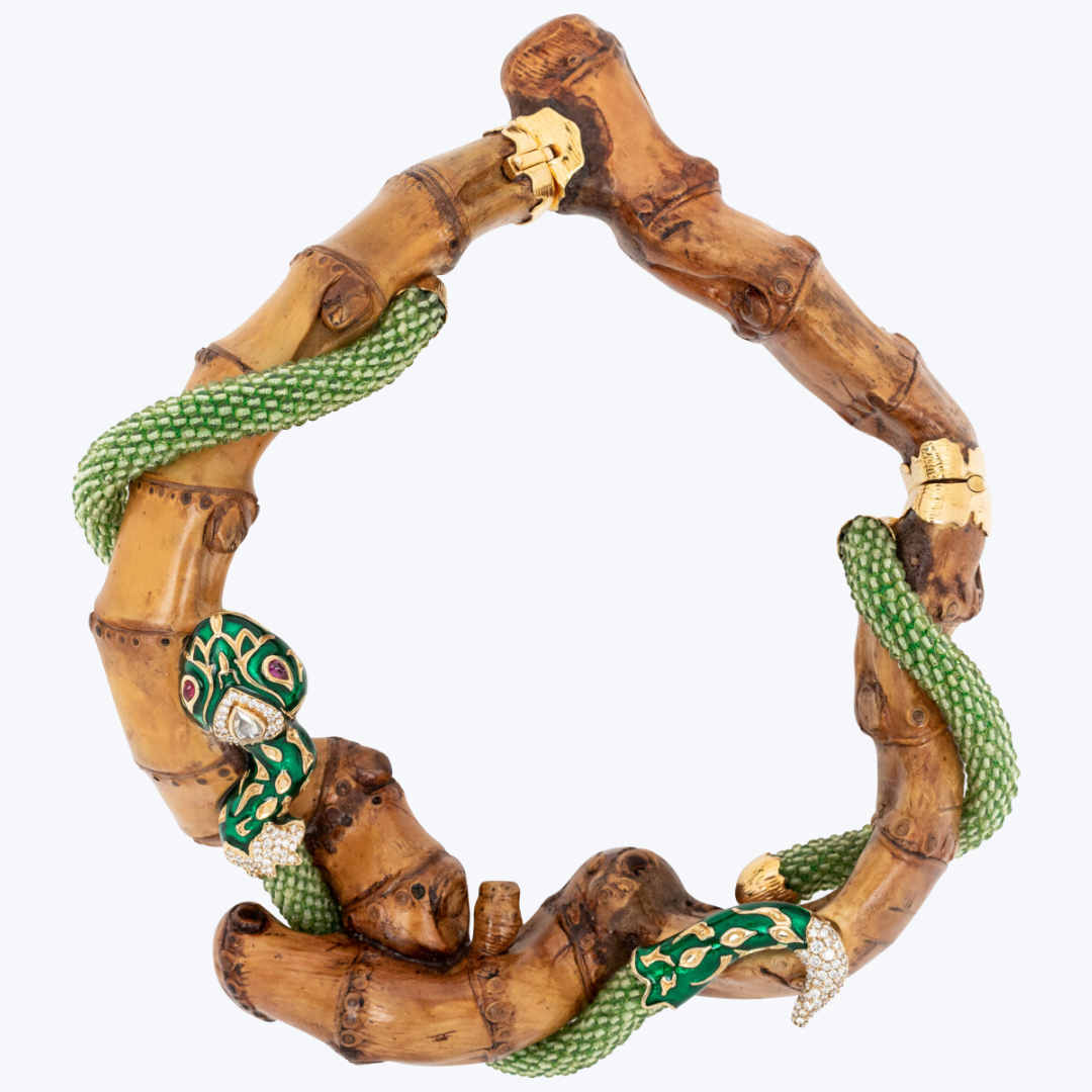 Bamboo Necklace with 14K Green Enamel Snake