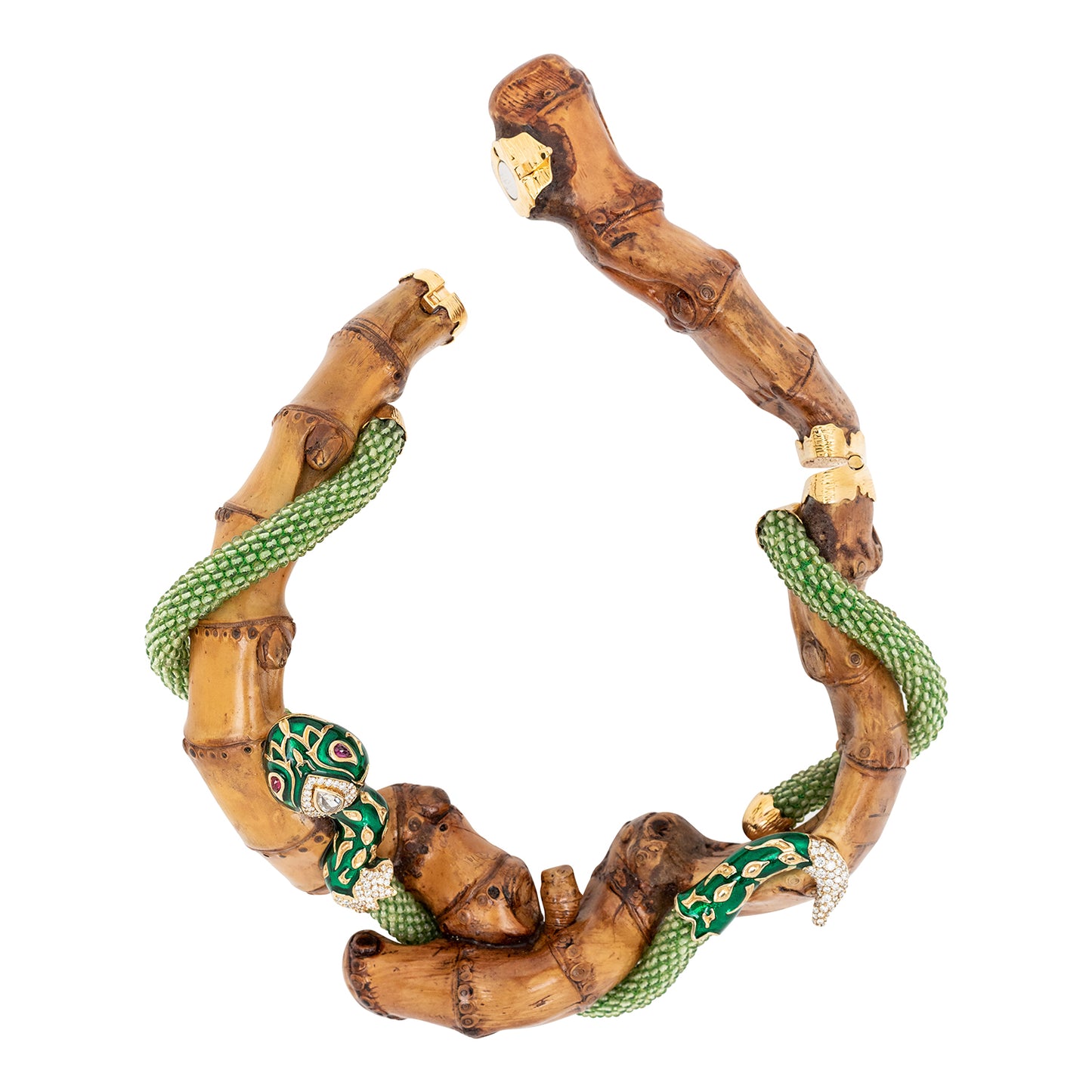 Bamboo Necklace with Green Enamel Snake