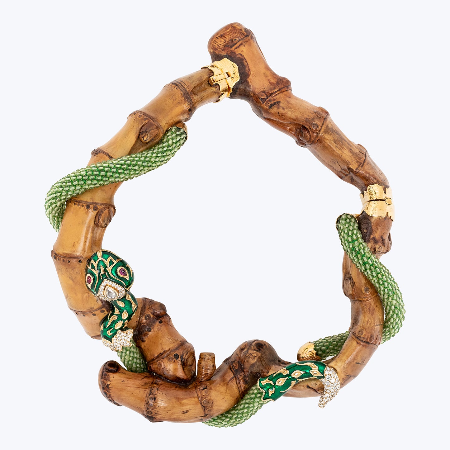 Bamboo Necklace with Green Enamel Snake