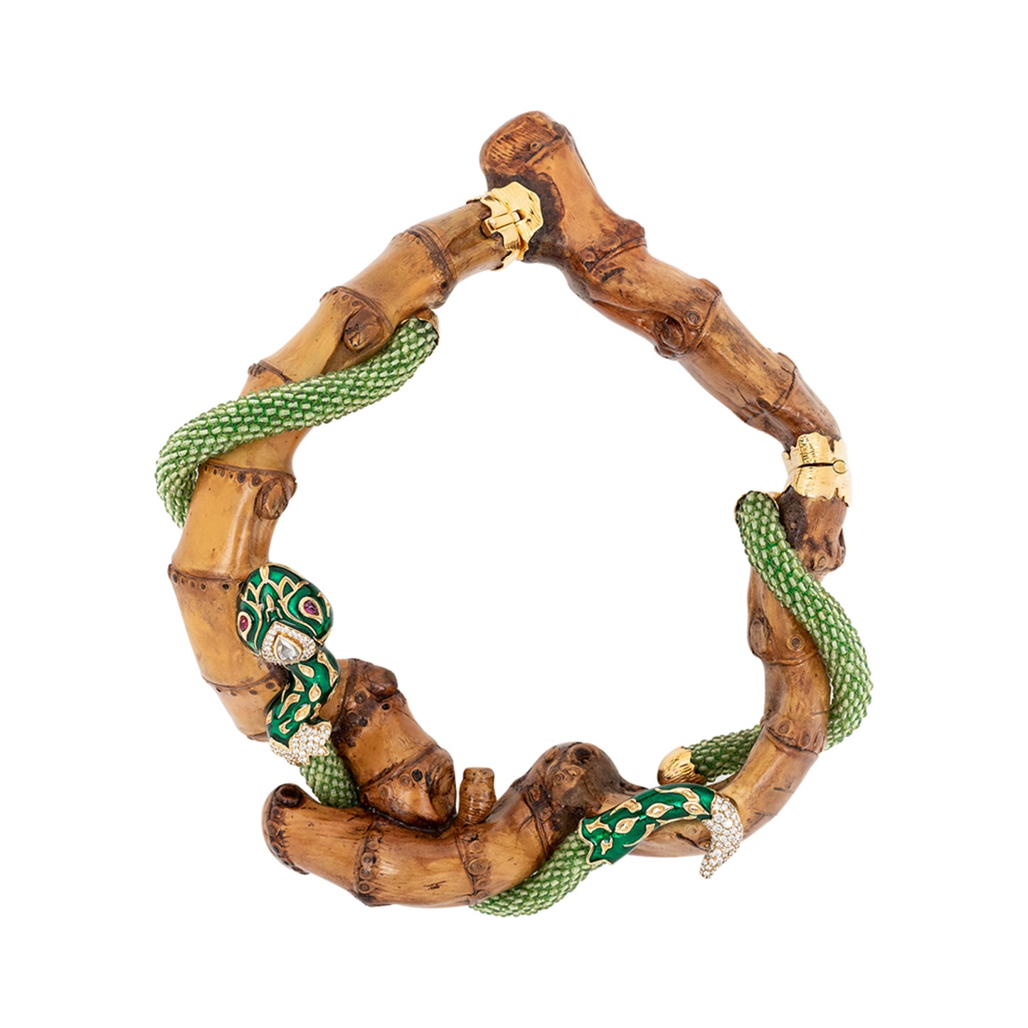 Bamboo Necklace with Green Enamel Snake