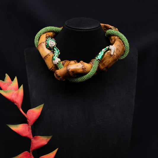 Bamboo Necklace with Green Enamel Snake