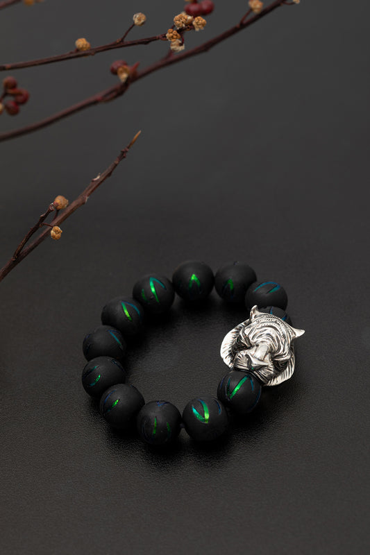 Tiger Bracelet with Scarab Inlaid Ebony Beads and Tsavorite