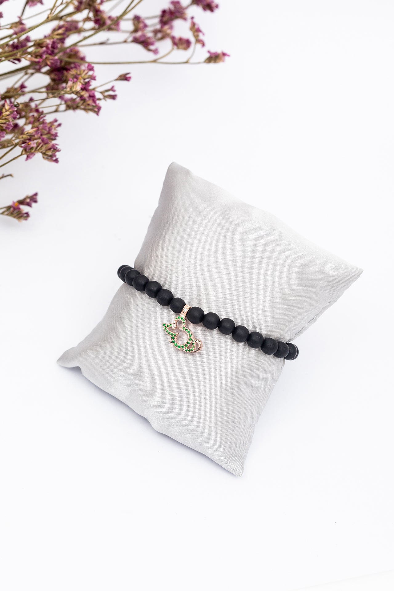 Rat Charm Ebony Bead Bracelet with Diamonds & Tsavorites