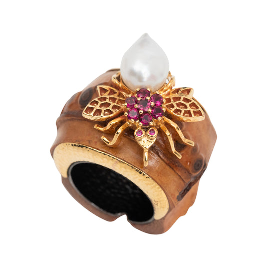 Bamboo Ring with Gold Bee, Pink Tourmaline, Ruby and Pearl
