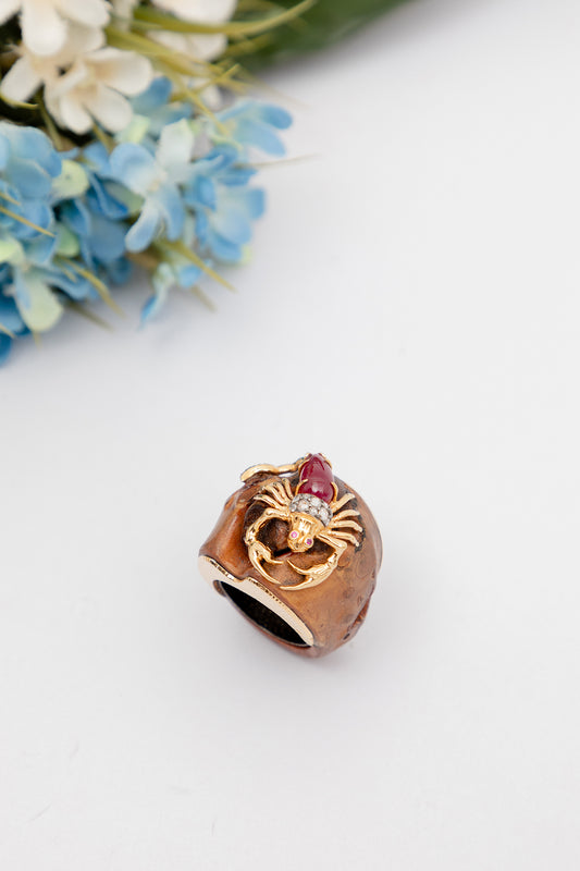 Bamboo Ring with 9K gold Scorpion decorated with Diamonds, Ruby