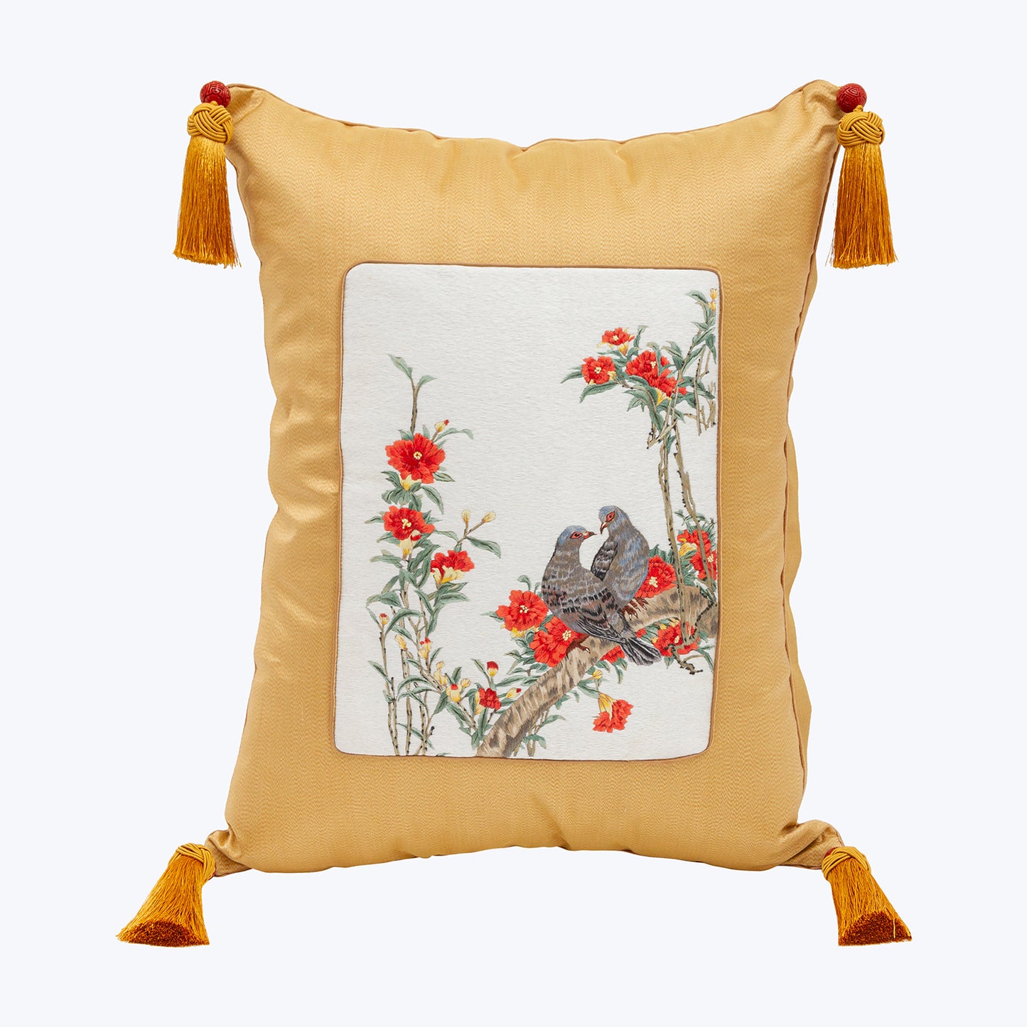 Gold Cushion with Couple Bird, Red Lacquer Bead and Tassels