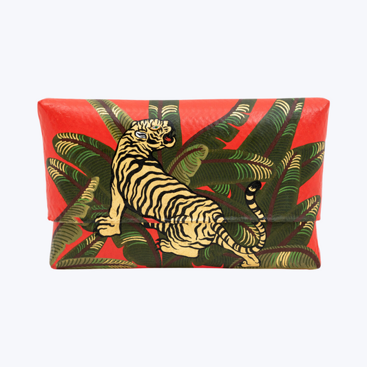 Bamboo Clutch with Hand-Painted Preying Tiger and Tsavorite