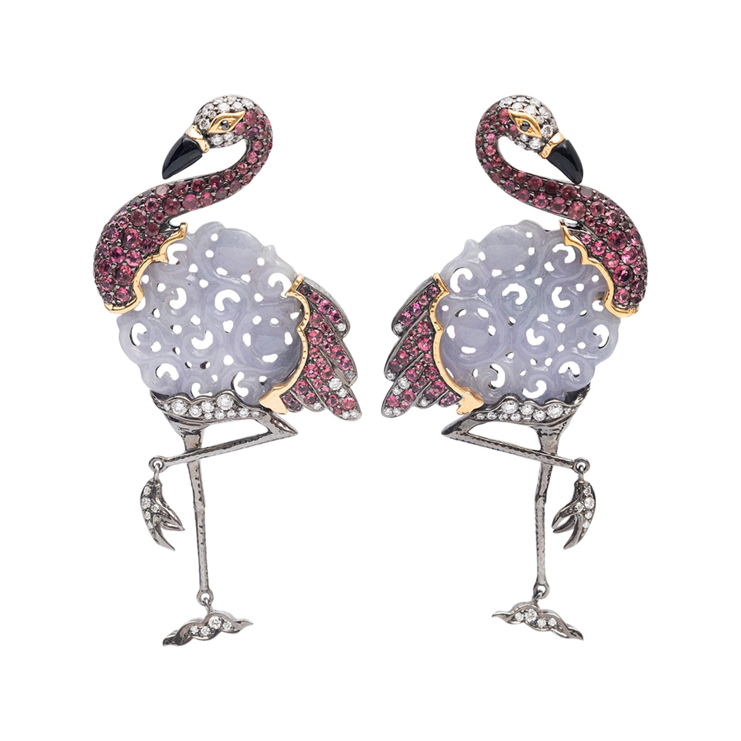 Playful Flamingo Lavender Jade Earrings with Diamonds and Pink Tourmalines