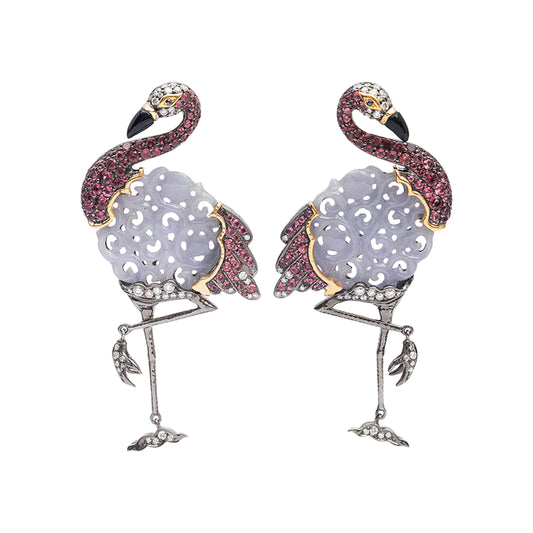 Playful Flamingo Lavender Jade Earrings with Diamonds and Pink Tourmalines