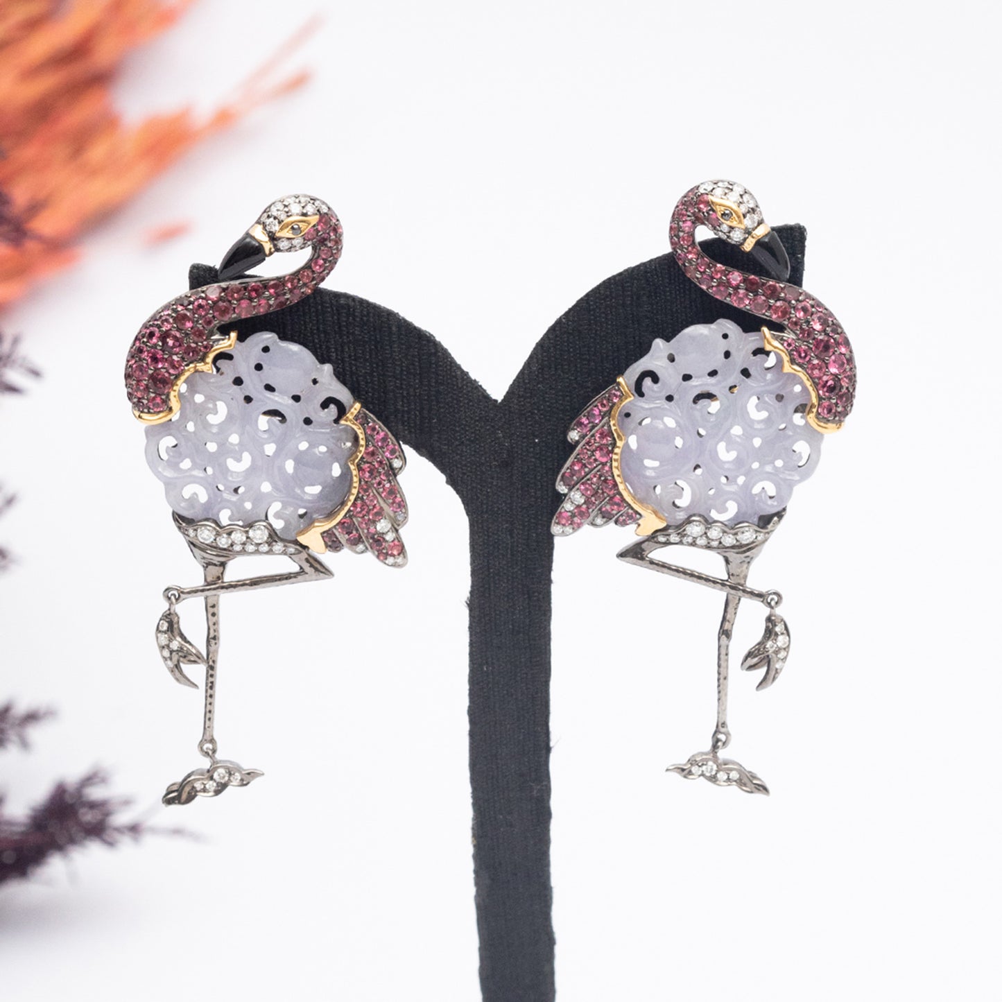 Playful Flamingo Lavender Jade Earrings with Diamonds and Pink Tourmalines