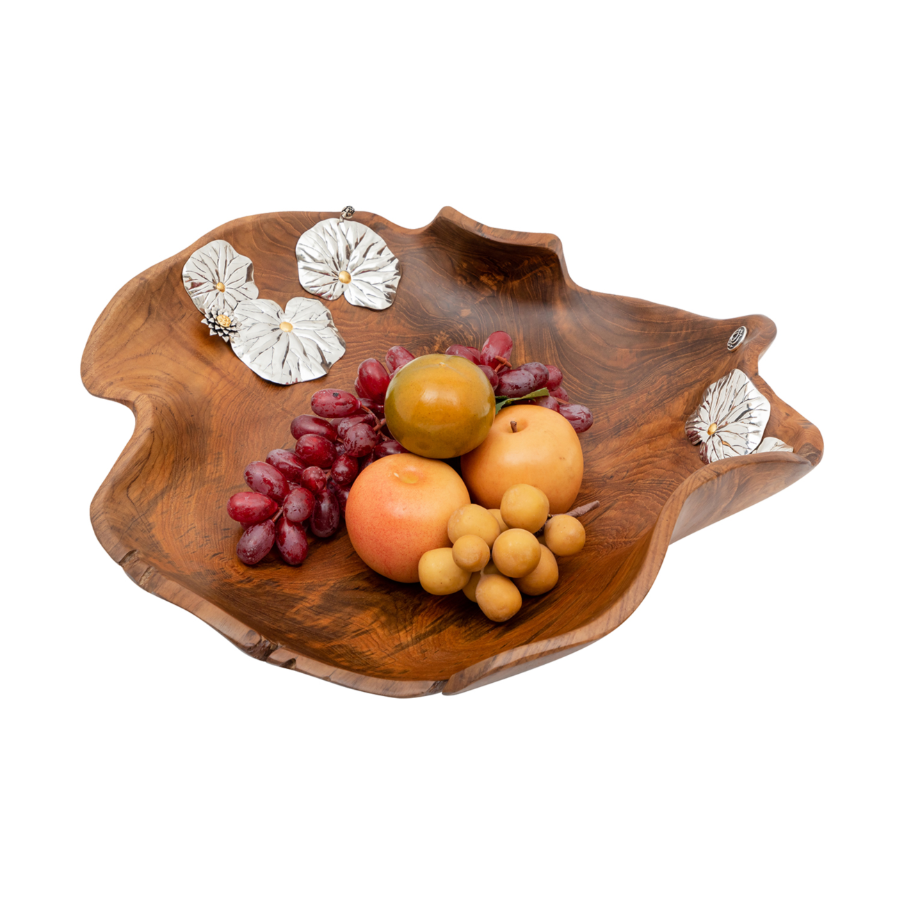 Teak Lotus Pond Bowl with Silver Lotus Flowers and Leaves