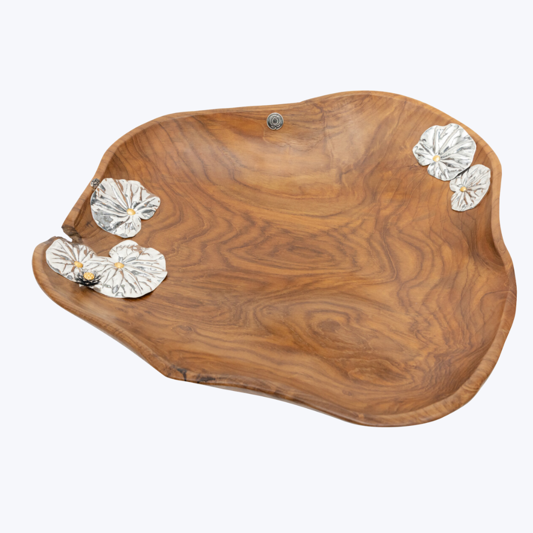 Teak Lotus Pond Bowl with Silver Lotus Flowers and Leaves