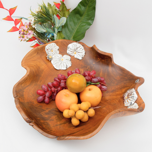 Teak Lotus Pond Bowl with Silver Lotus Flowers and Leaves