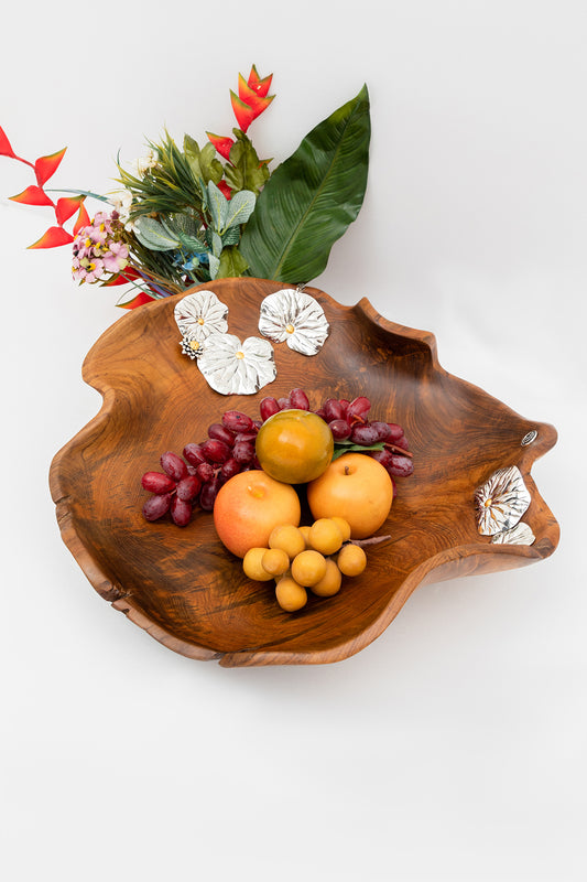 Teak Lotus Pond Bowl with Silver Lotus Flowers and Leaves