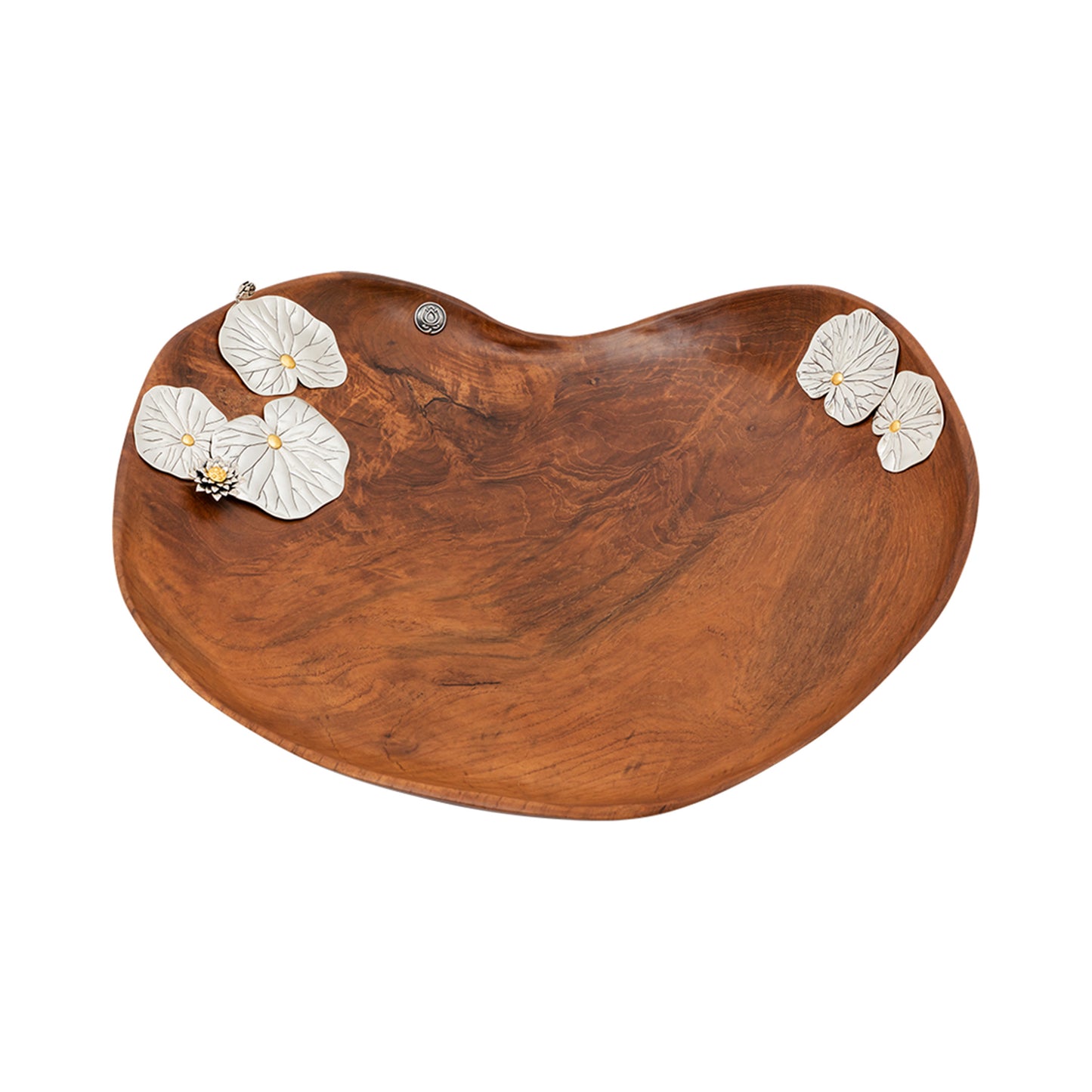 Teak Lotus Pond Bowl with Silver Lotus Flowers and Leaves