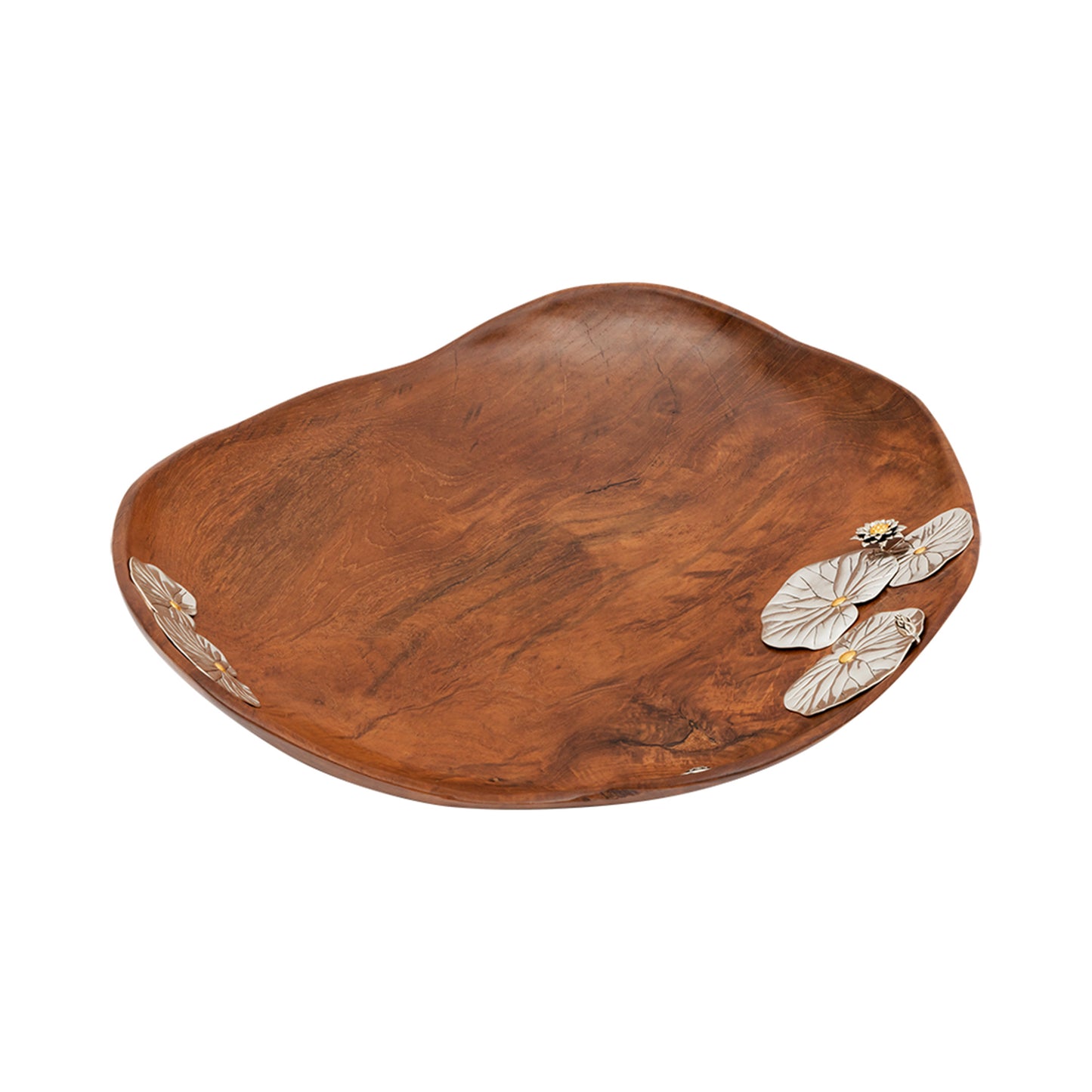 Teak Lotus Pond Bowl with Silver Lotus Flowers and Leaves