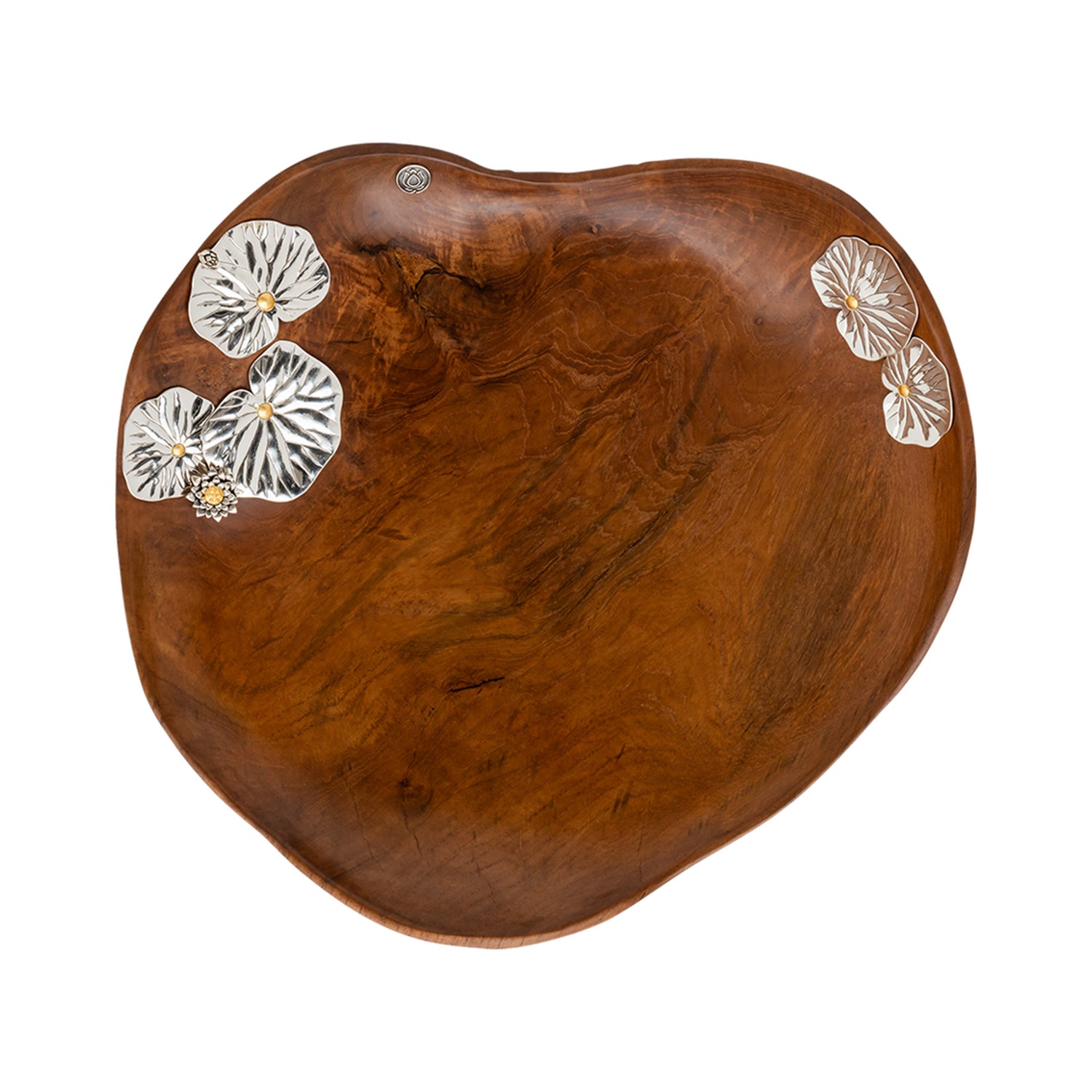 Teak Lotus Pond Bowl with Silver Lotus Flowers and Leaves